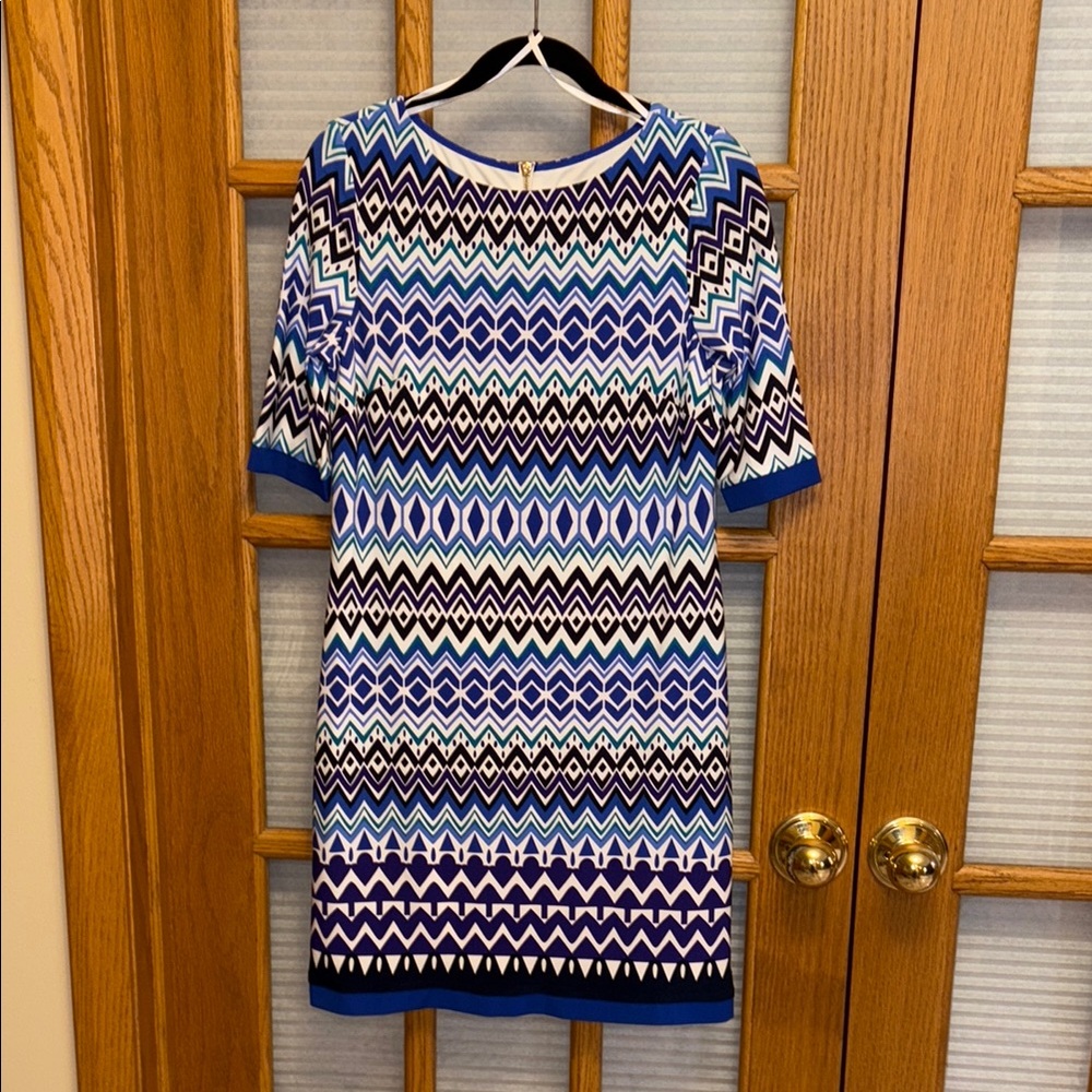 EUC Eliza J Blue and White Sheath Dress